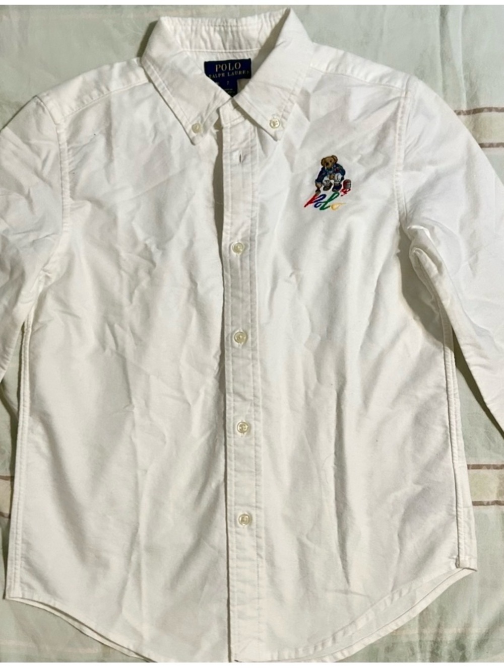 Polo by Ralph Lauren Boy’s White Button Down Long Sleeve Shirt Paint Polo Bear 7